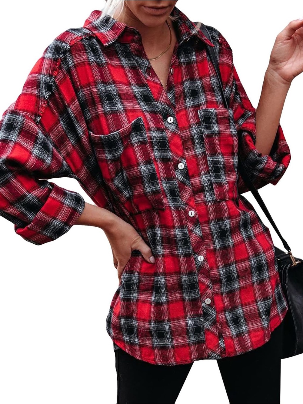 NWOT VICI Red Black Plaid Oversized‎ Button Down Flannel Shirt Medium Fringe